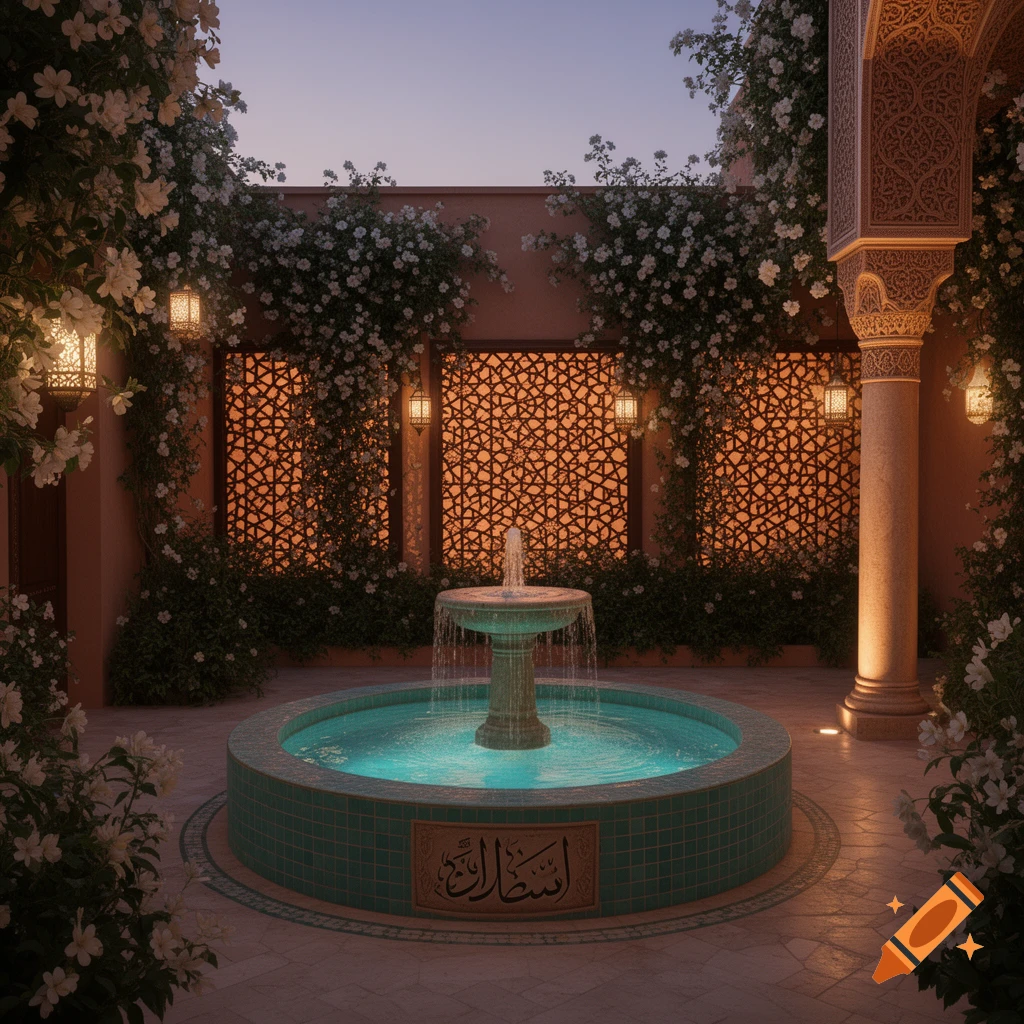 An ornate courtyard at twilight features a tiered fountain with turquoise tiles, surrounded by white flowering vines and intricate lattice screens.