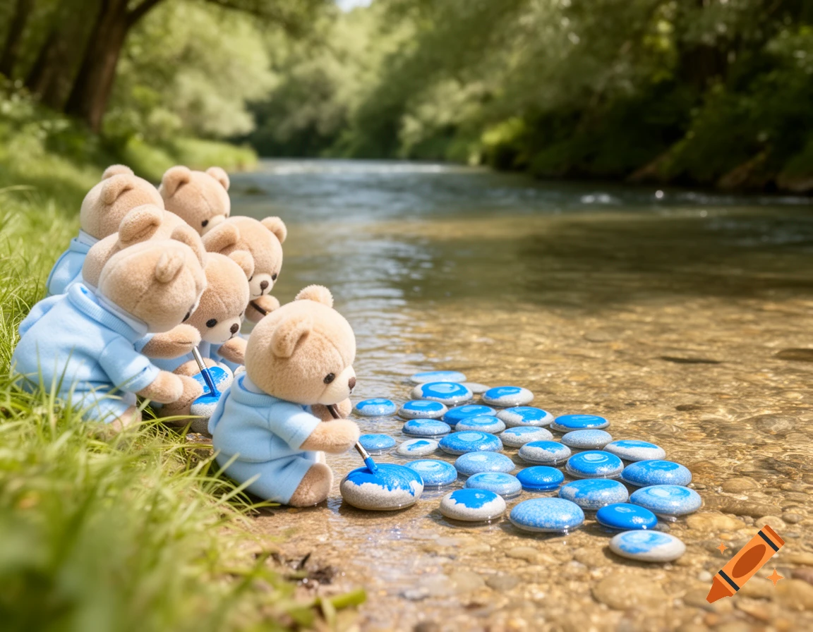 Plush teddy bears in blue clothes paint blue rocks by a river.
