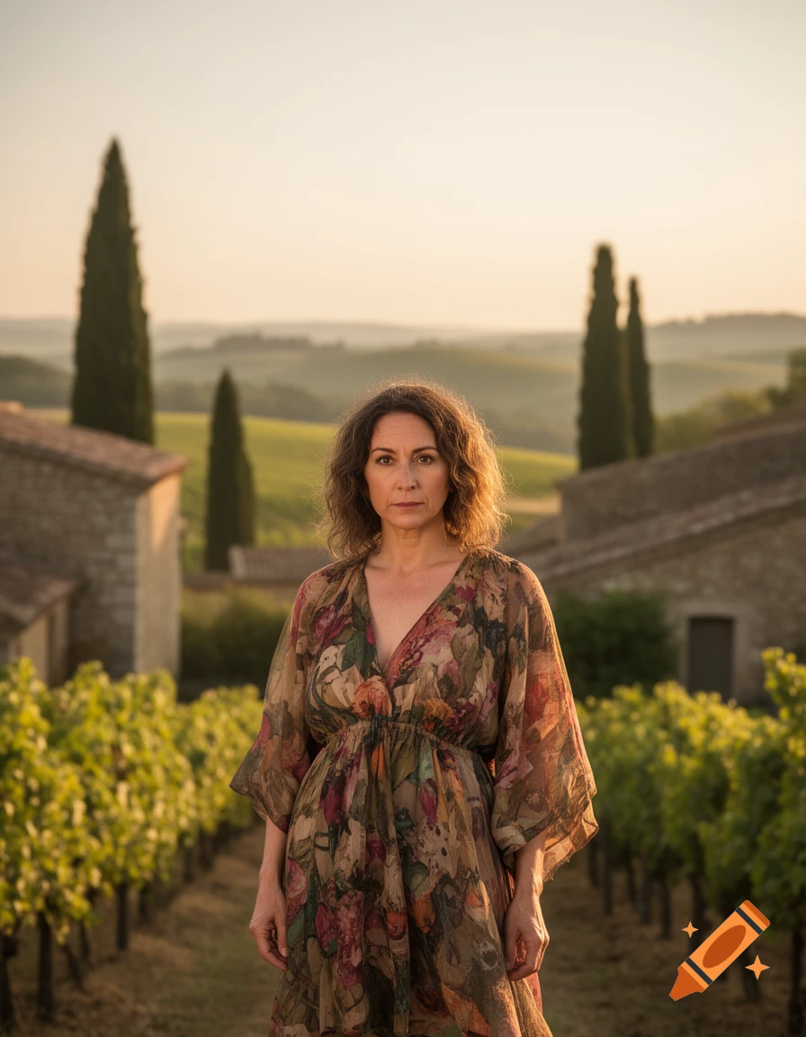 A woman in a floral dress stands in a vineyard with rolling hills and cypress trees in the background during golden hour.