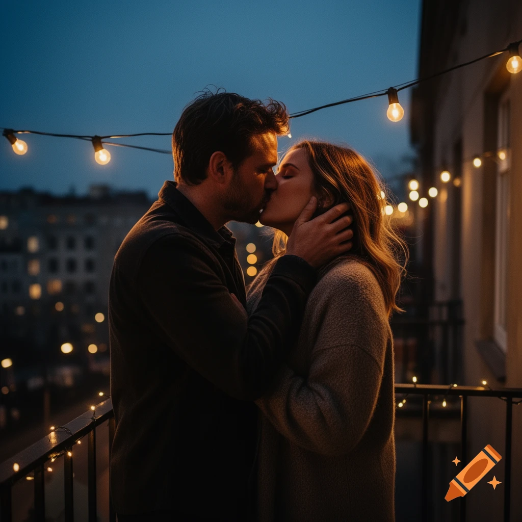 A photorealistic image of a couple kissing passionately on a balcony at night, illuminated by string lights with city lights behind them.