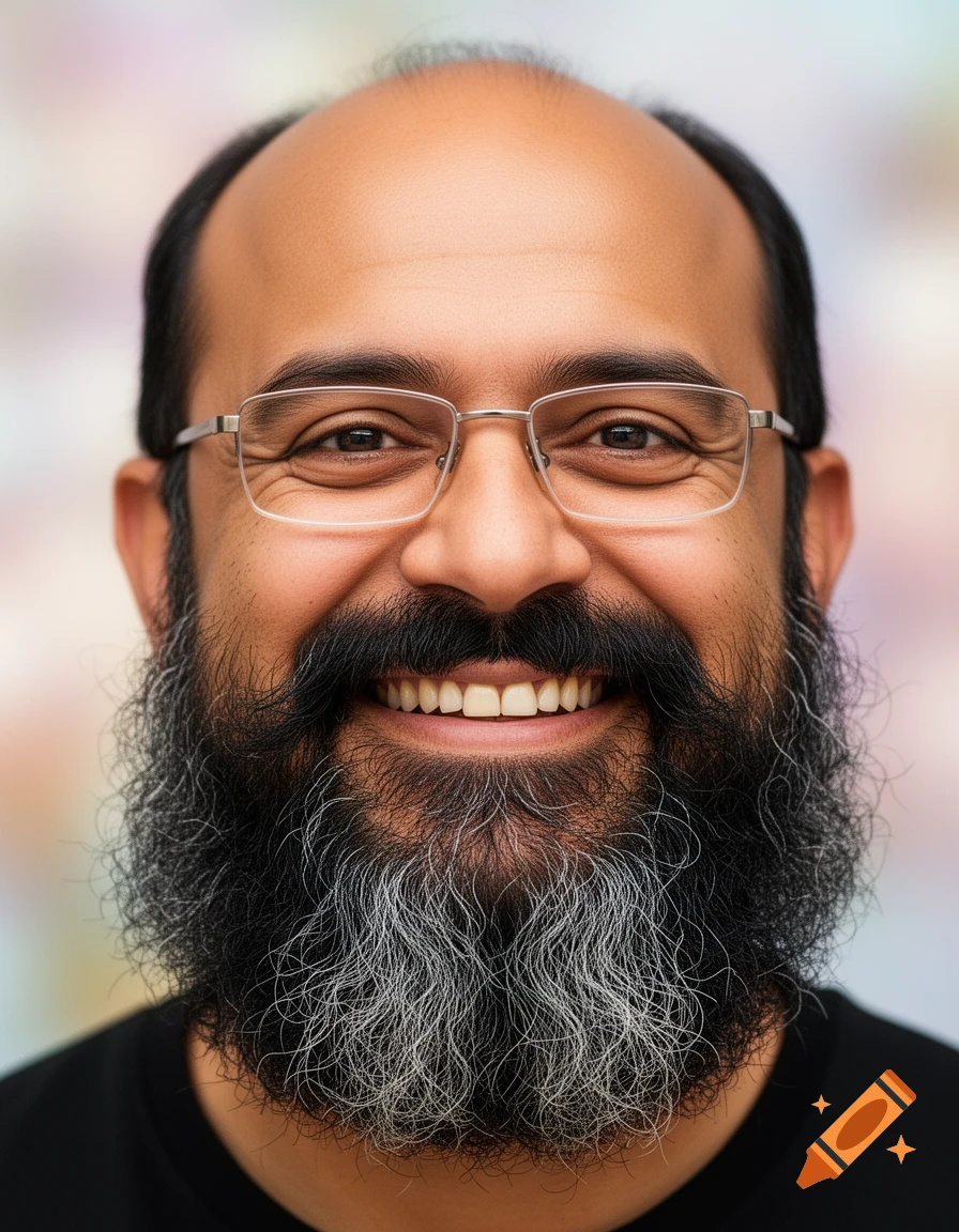 A close-up portrait of a smiling, balding man with glasses and a thick, bushy beard, showing some grey hairs.