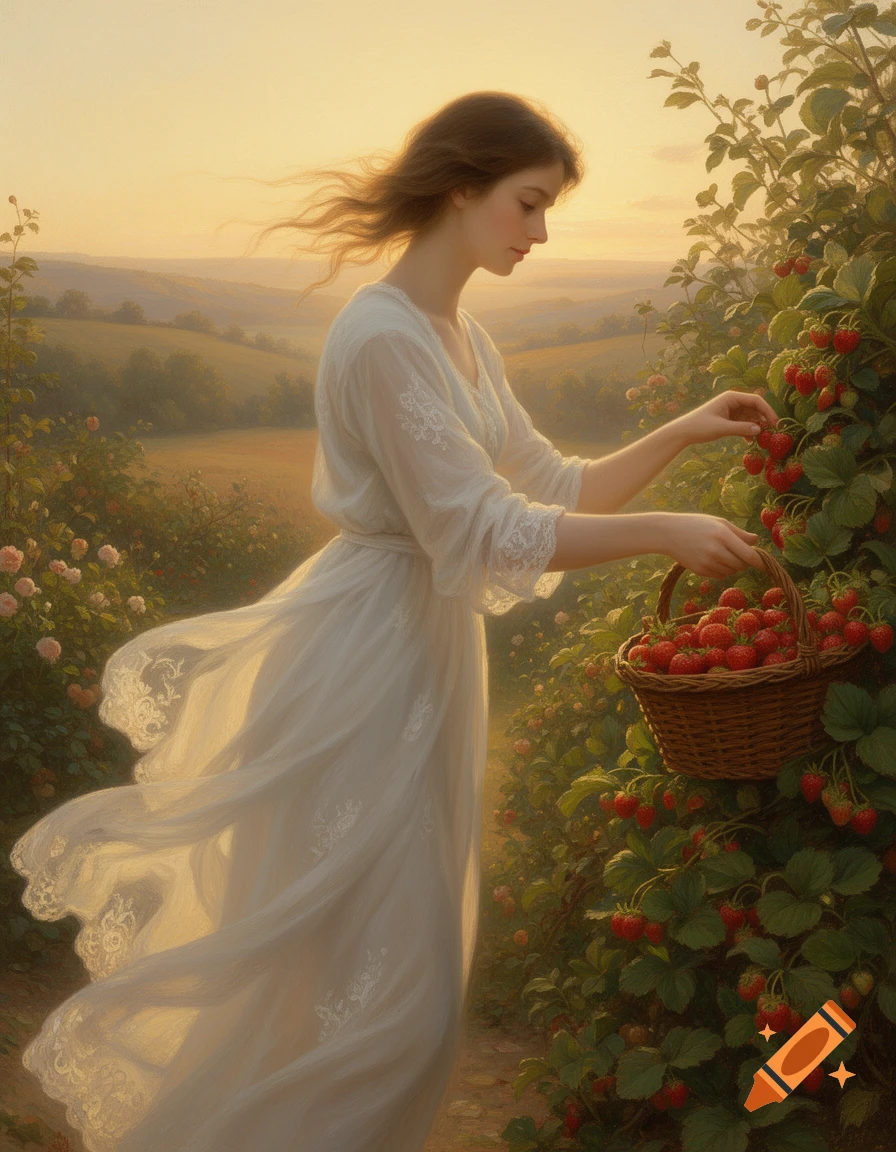 A woman in a flowing white dress picks strawberries into a basket in a sunlit field, in the style of a classical painting.