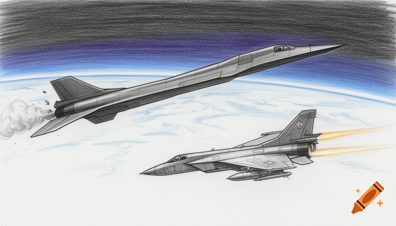 A colored pencil sketch of a sleek SR-71 Blackbird trailing smoke and debris, pursued by a Mig-25 Foxhound with fiery exhausts, flying near Earth's edge.