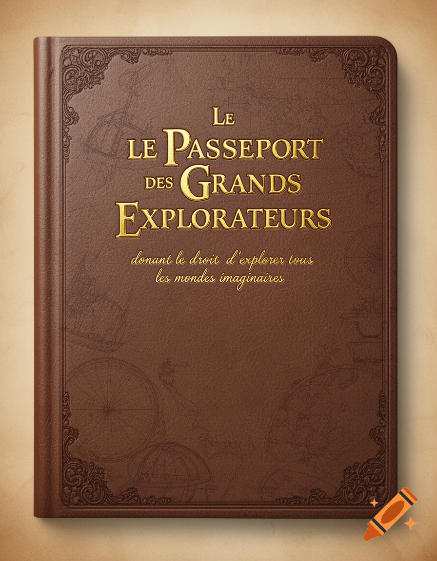 A brown leather-bound book cover titled "LE PASSEPORT DES GRANDS EXPLORATEURS" in gold, with ornate corner details and subtle map engravings.