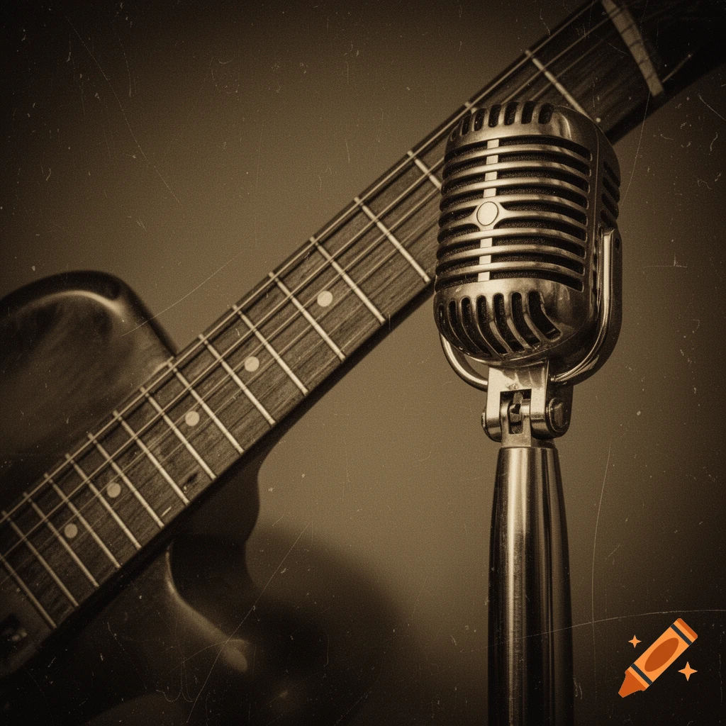 A close-up, sepia-toned vintage photo of a classic retro metal microphone and an electric guitar neck with scratched film texture.