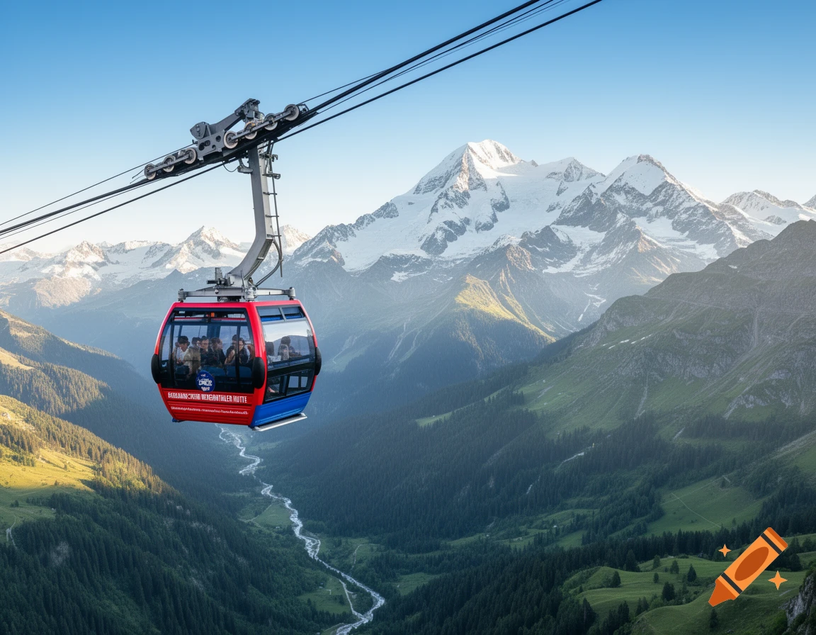 A red and blue cable car, with the name "Bergbahn zur Peter Wiechenthaler Hütte" on its side, ascends over a lush green valley with a winding river, against a backdrop of snow-capped mountains and a clear sky.