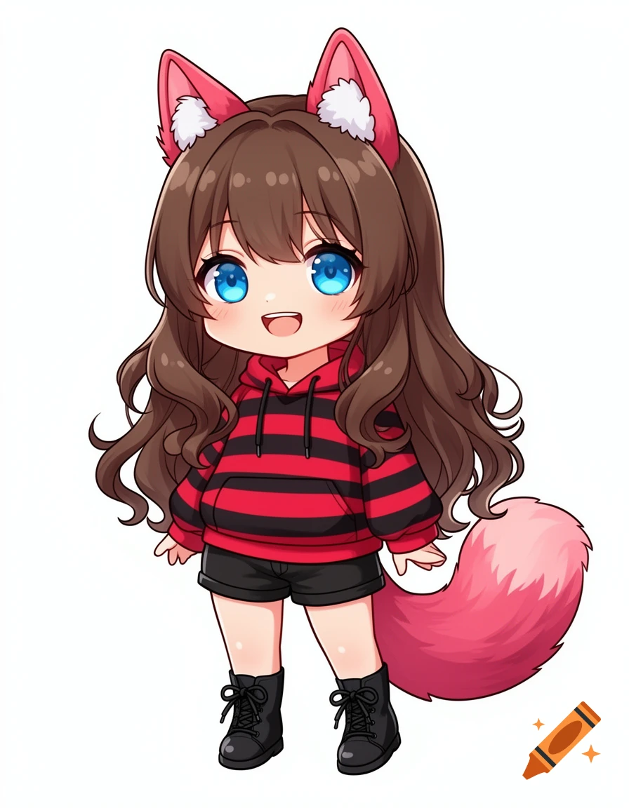 Chibi girl with brown wavy hair, blue eyes, pink wolf ears, and a fluffy pink tail, wearing a red and black striped hoodie, black shorts, and black boots.