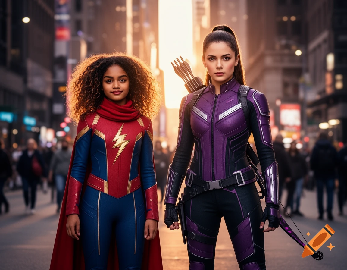 Ms. Marvel in a red and blue suit and Kate Bishop in a purple suit stand on a photorealistic city street at sunset.
