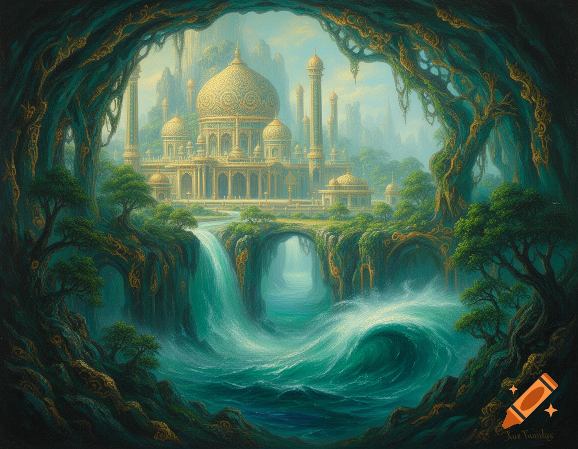 Oil painting of a golden palace and waterfalls in a fantasy landscape, seen through a cave opening framed by vibrant foliage.