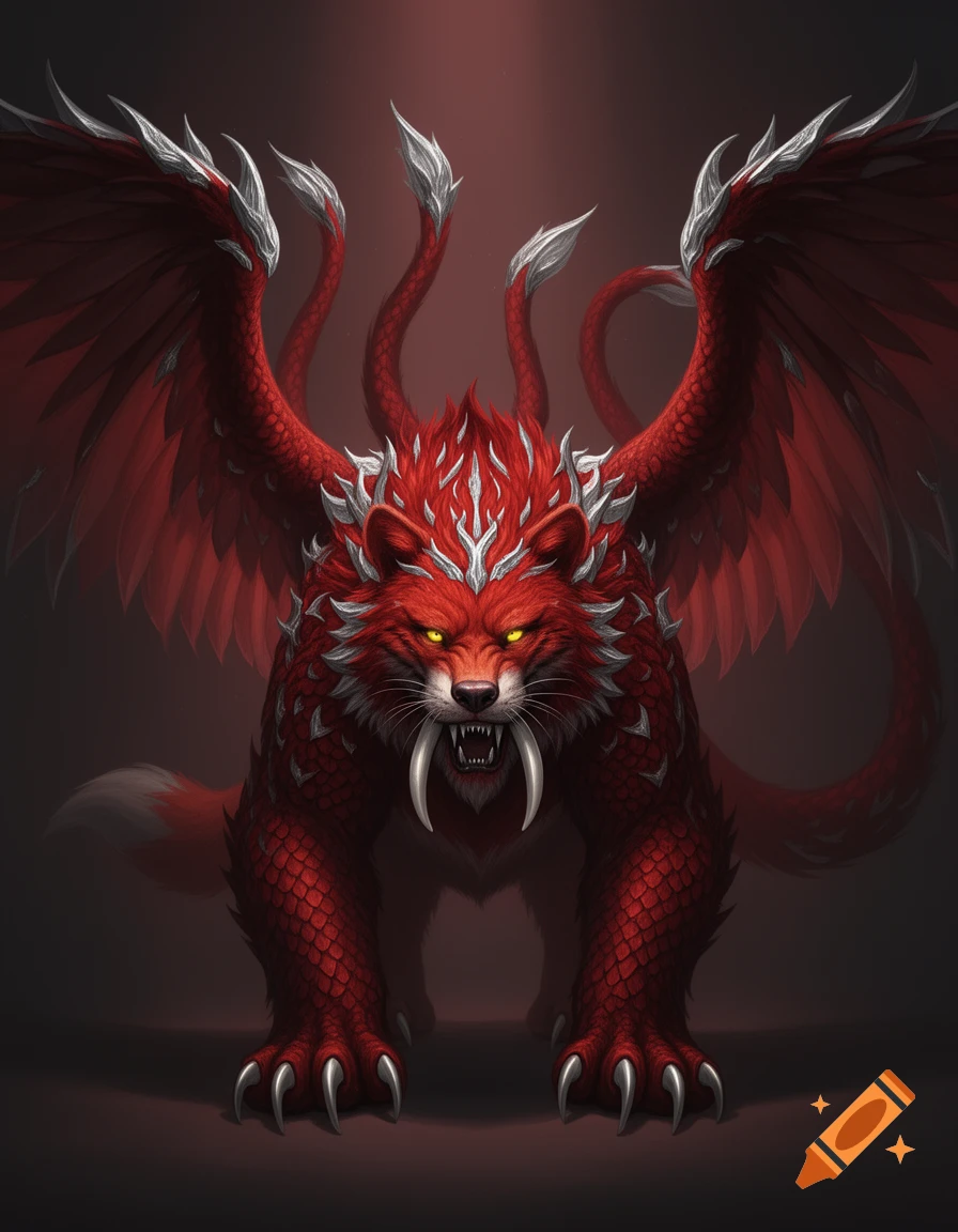 A fierce, red, scaled fantasy beast with yellow eyes, saber teeth, silver-tipped wings, and multiple tails, on a dark background.