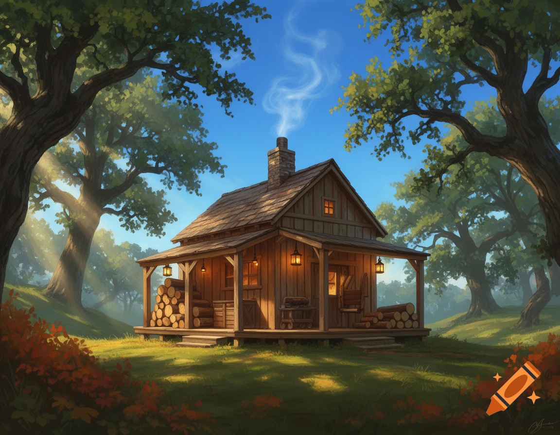A rustic wooden cabin with a smoking chimney sits in a sun-dappled forest clearing, surrounded by large trees and green grass under a blue sky. Stacked firewood is visible on the porch.