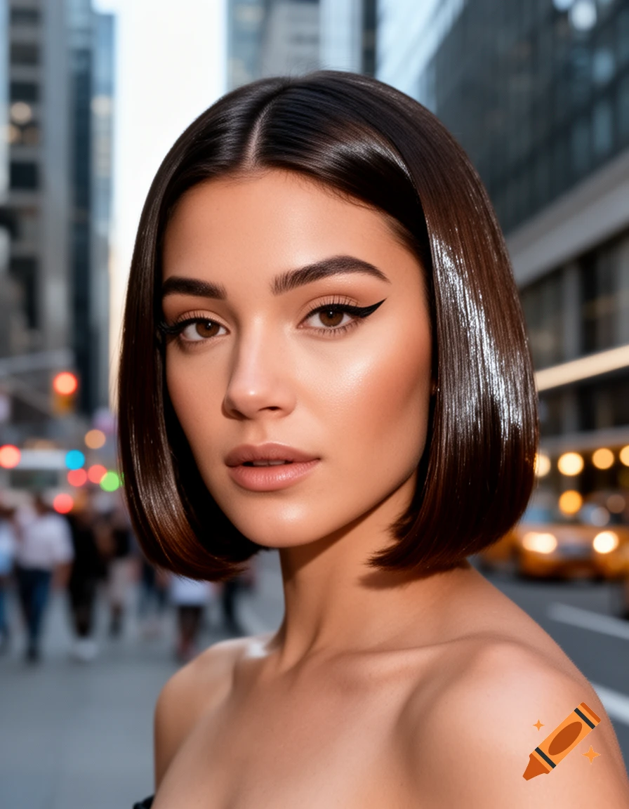 Photorealistic portrait of a woman with a sleek bob haircut and winged eyeliner, standing on a city street.