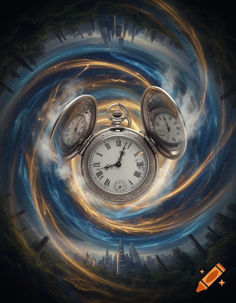 A vintage silver pocket watch floats centrally, open to reveal its Roman numeral face. It's surrounded by a swirling vortex of blue and golden light, with inverted cityscapes and forest edges above and below, conveying a time paradox.