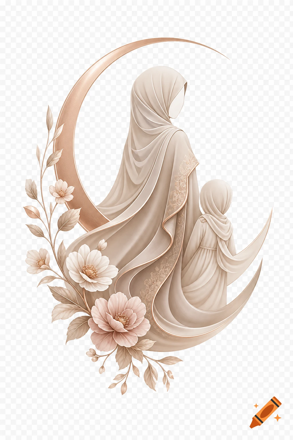 Elegant illustration of a woman and child in flowing neutral-toned Islamic garments, backed by a rose gold crescent moon and delicate flowers.