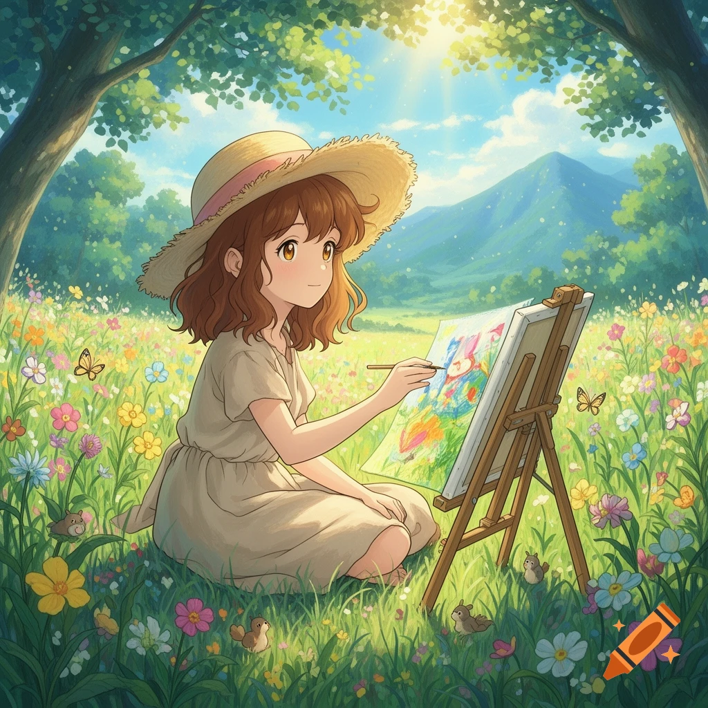 Anime girl in a straw hat painting on an easel in a sunny, flower-filled meadow with trees and mountains, Ghibli style illustration.