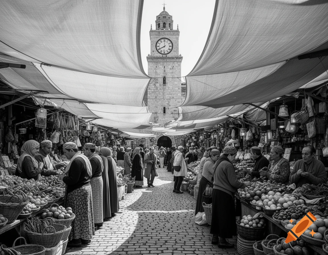 Black and white photorealistic image of a bustling outdoor market with many people, stalls selling goods, and a tall clock tower in the background.