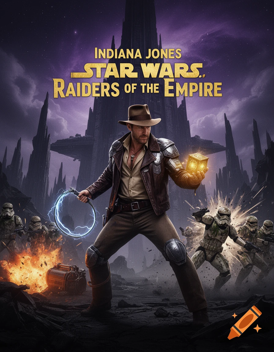 A movie poster of Indiana Jones in a futuristic armored jacket, wielding an electric whip and holding a glowing holocron, battling stormtroopers against a dark, alien landscape with a towering Sith temple and a Star Destroyer under a purple nebula sky.