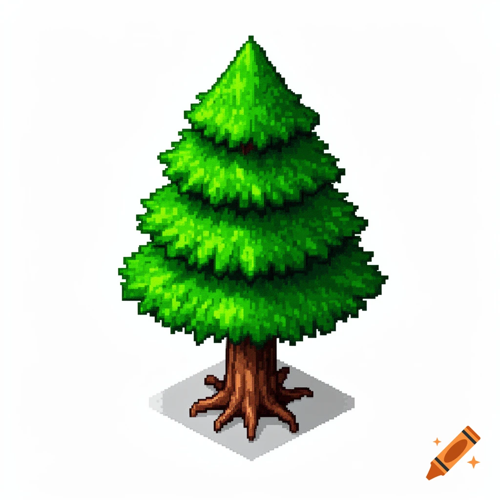 A vibrant green isometric pixel art pine tree with tiered foliage and brown roots, isolated on a white background.
