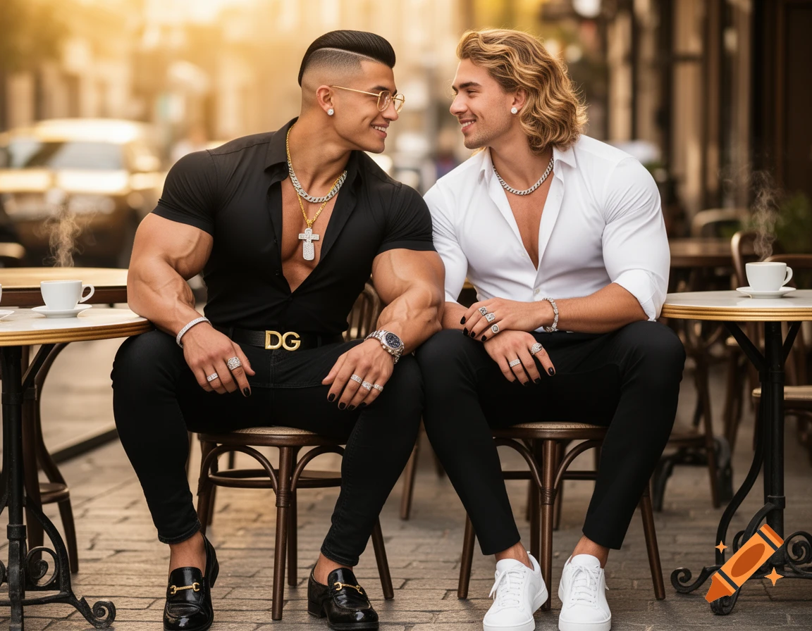 Two muscular men, one with dark hair and a black shirt, the other with blond hair and a white shirt, sit smiling at a cafe table.