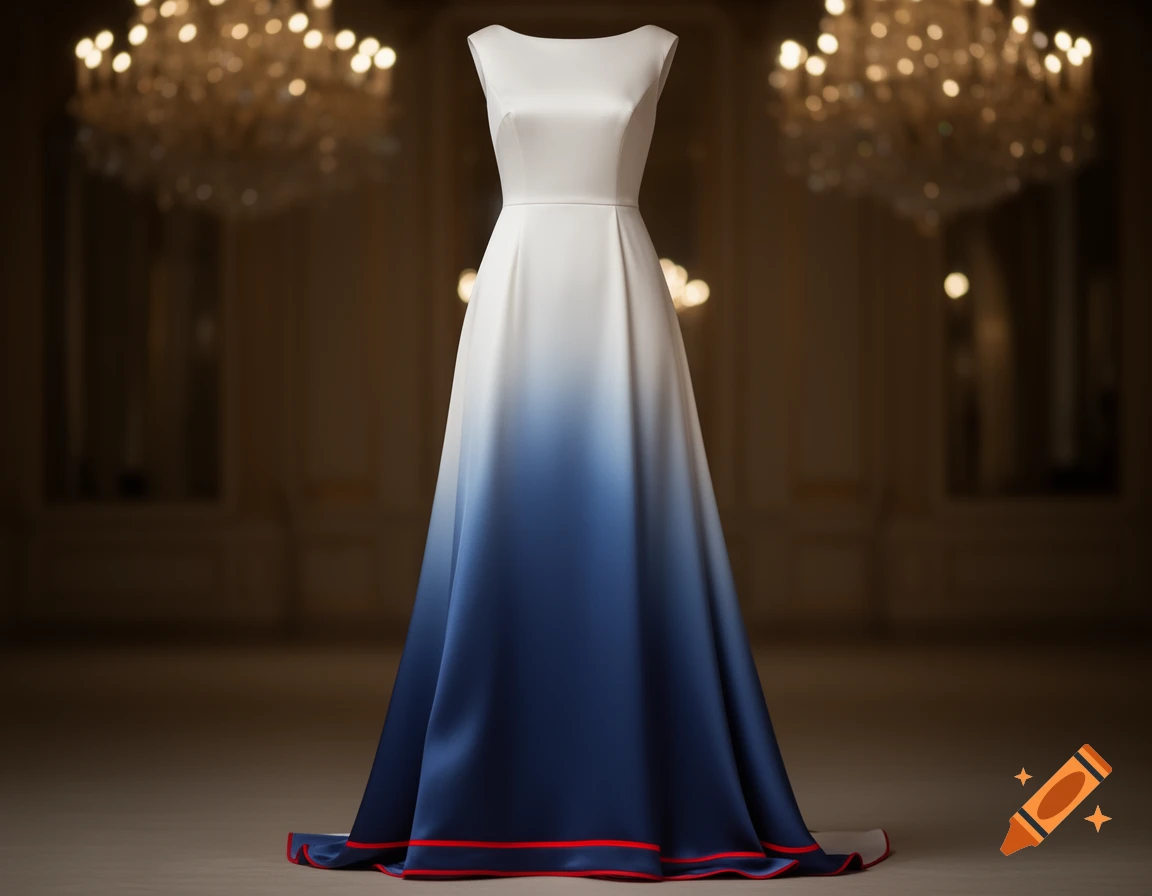 A sleek, white-to-blue ombre evening dress with a red accent on the hem, shown in a luxurious room with chandeliers.