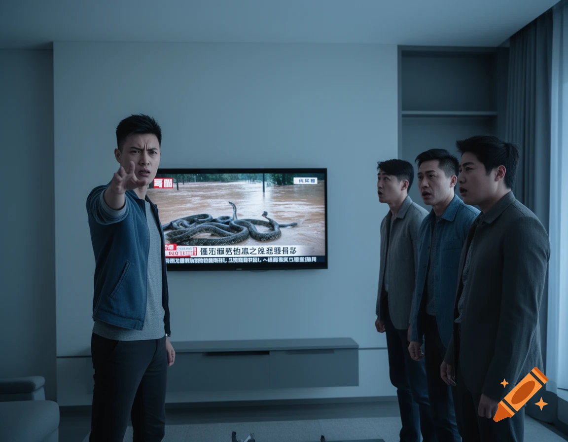 Four men in a modern room. One points angrily, while three others look on with concern at a TV showing a news report about snakes in floodwater.