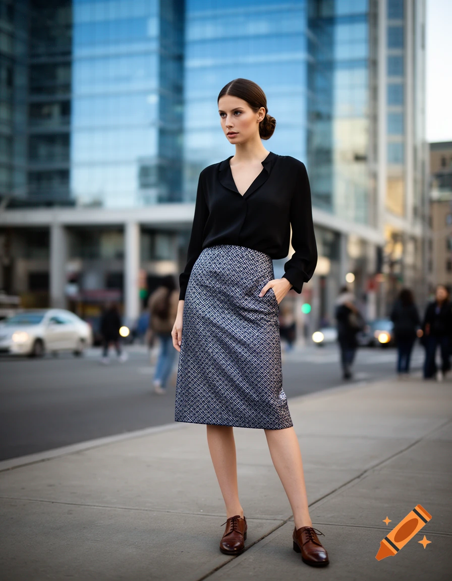 A woman in a black blouse and patterned skirt stands on a city sidewalk with modern buildings in the background.