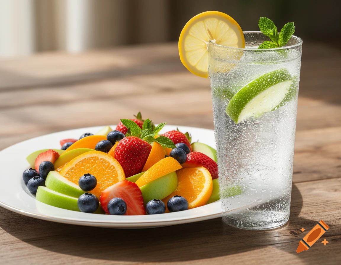 A colorful fruit salad with a refreshing lemon-lime drink, garnished with mint, on a wooden table.