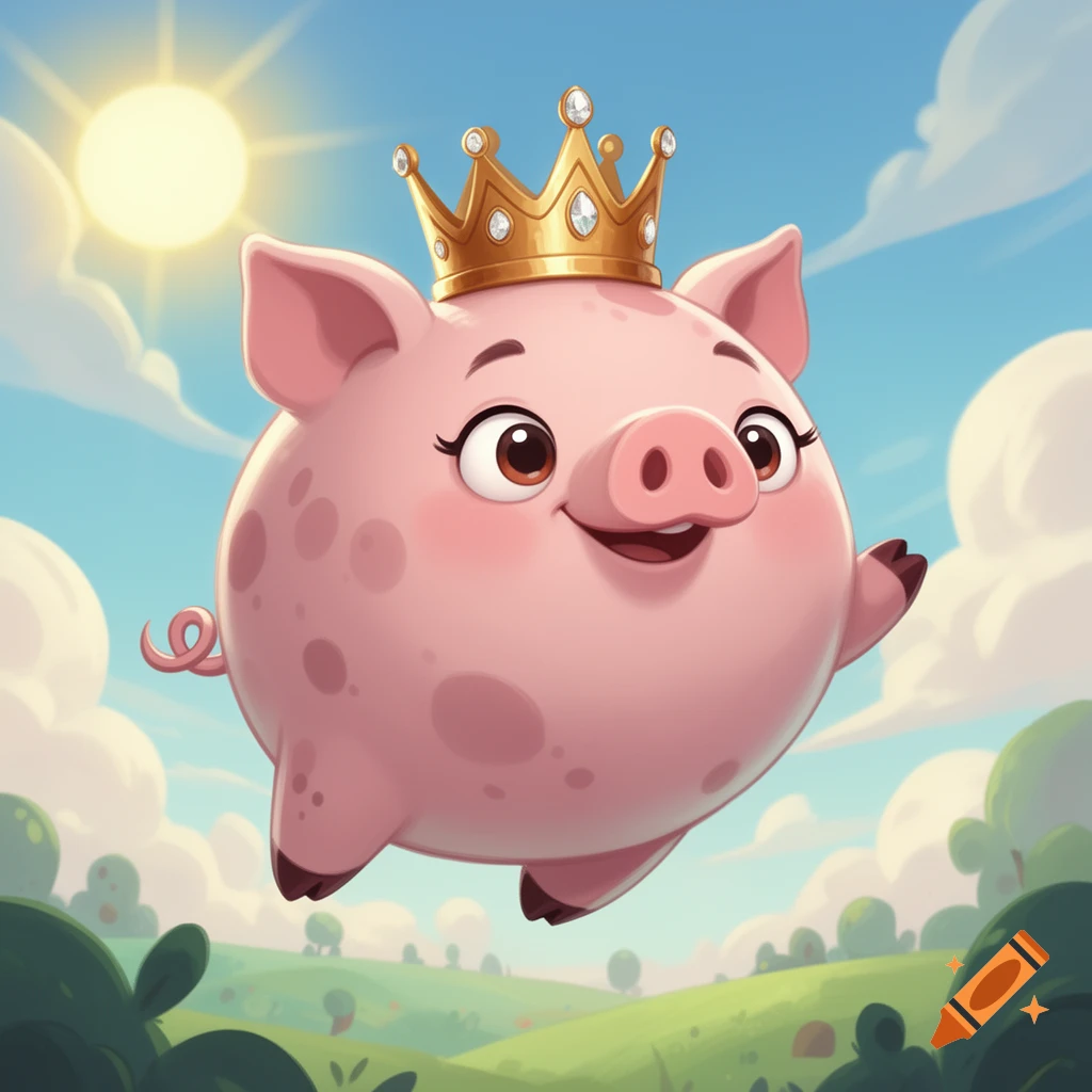 A cute, round pink cartoon pig with a golden crown floats in a sunny sky above a green landscape.