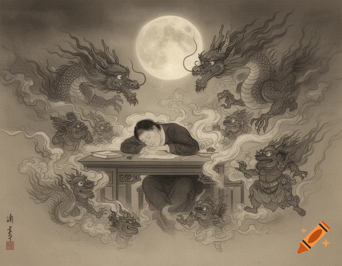 A person sleeps at a desk under a full moon, surrounded by swirling smoke and various monstrous creatures and dragons, in a traditional East Asian art style.