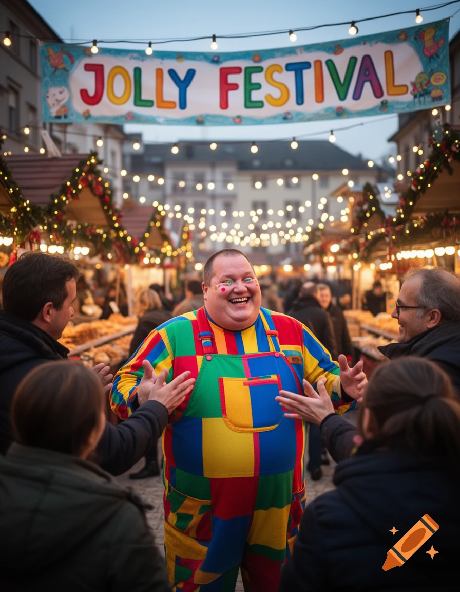 A smiling person in a colorful patchwork clown suit stands amidst people at a festive outdoor market under a banner that reads 'Jolly Festival'.
