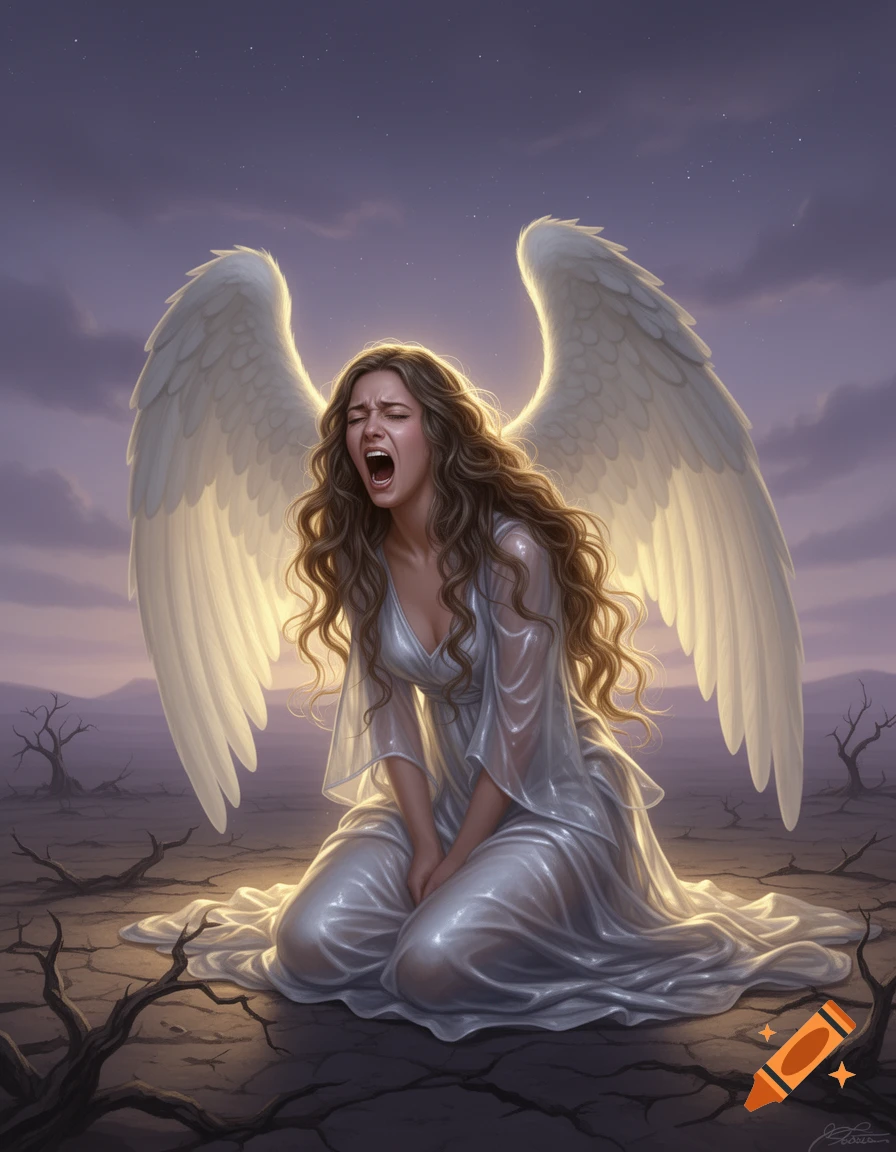 A drawing of a female angel with long hair, kneeling on cracked earth, screaming and crying in despair.
