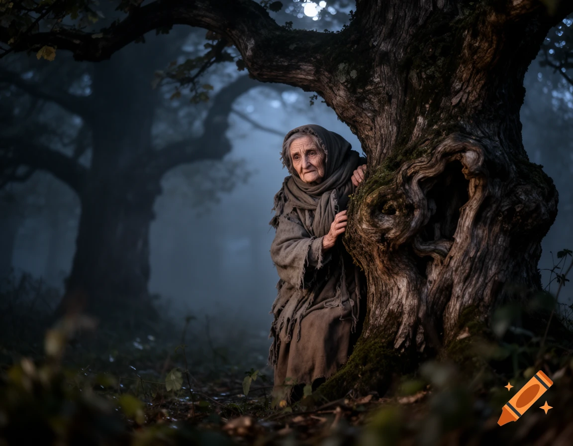 An old woman with a headscarf and ragged clothes peeks out from behind a gnarled tree in a dark, misty forest.