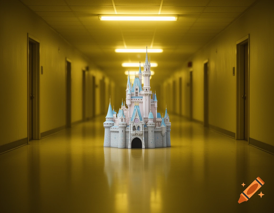 A miniature Cinderella-like castle stands in the middle of a long, dimly lit yellow corridor with doors lining the walls.
