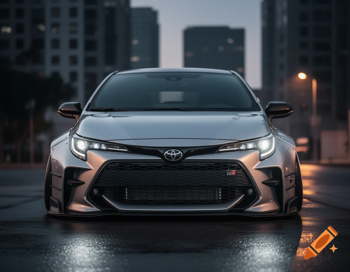 A front view of a silver Toyota GR Corolla, slammed with a widebody kit, on a wet city street at dusk.