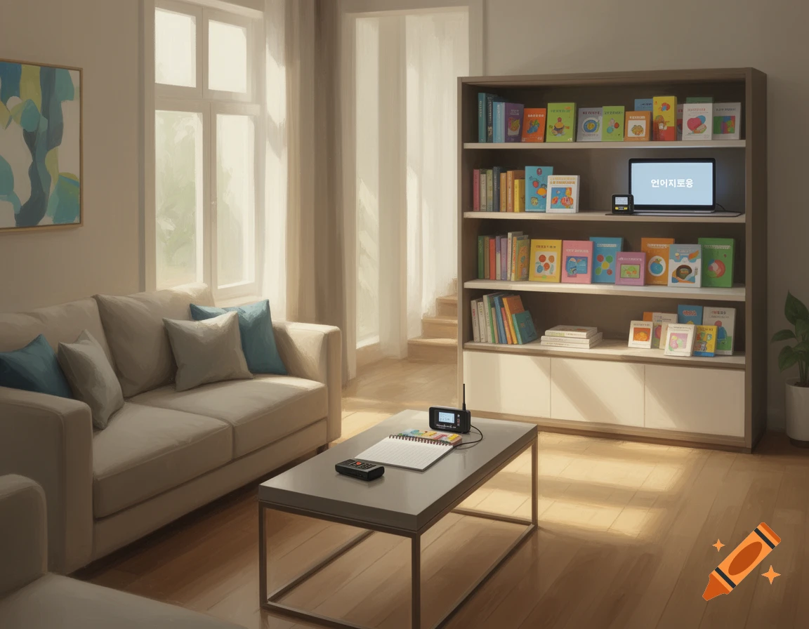 A cozy living room with a beige couch, coffee table, and a bookshelf displaying books and a laptop with Korean text.