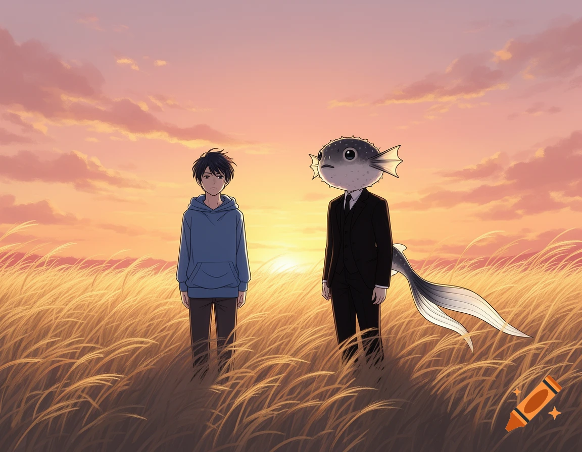 Anime illustration of a young man in a blue hoodie and a pufferfish-headed person in a suit standing in a golden field at sunset.