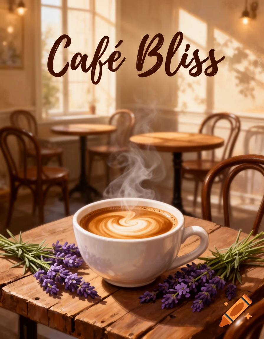 A steaming latte with heart-shaped latte art and lavender sprigs on a rustic wooden table in a sunlit cafe with "Caff e Bliss" text.