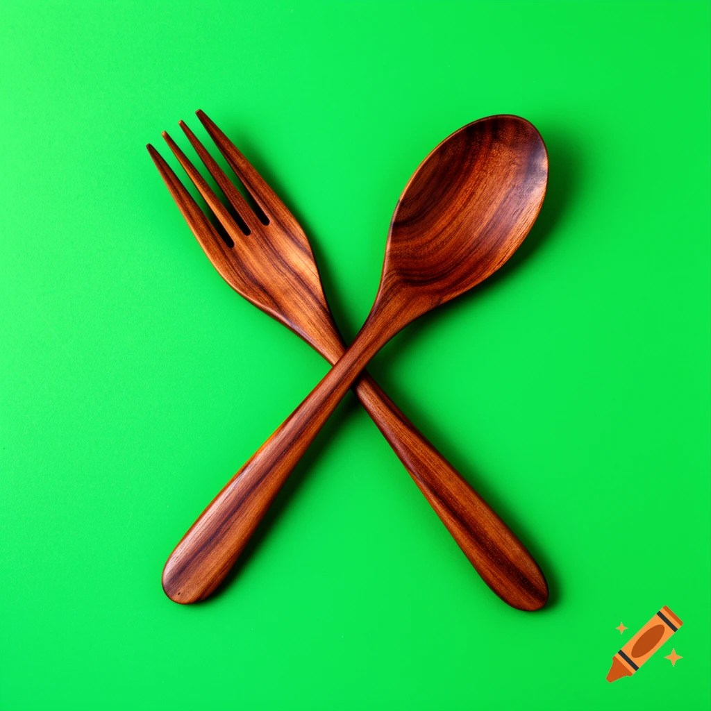 A pair of teak wood fork and spoon crossed on a solid green background.