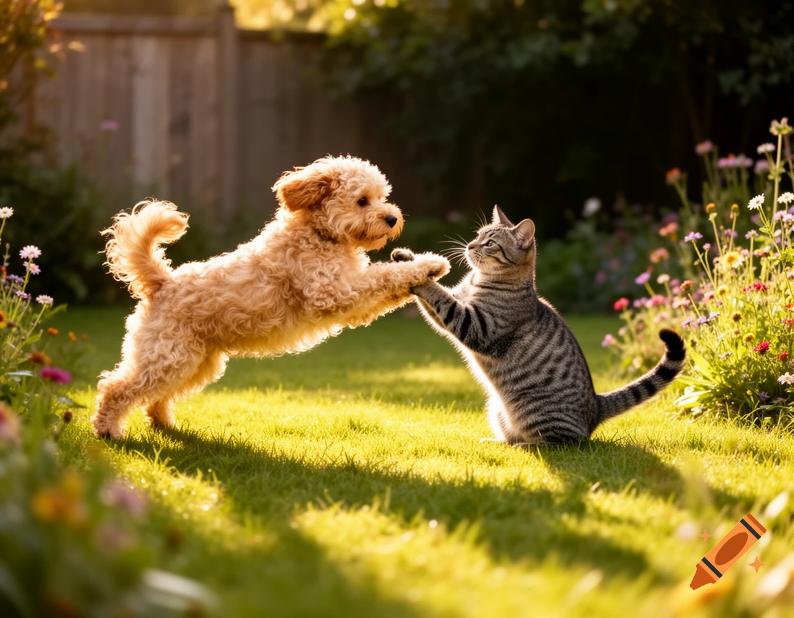 A fluffy golden-brown dog playfully pounces towards a tabby cat in a sunlit green garden with flowers.