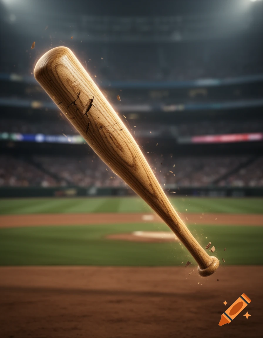 A broken wooden baseball bat with splinters flying, centered over a blurred baseball field and stadium lights at night.