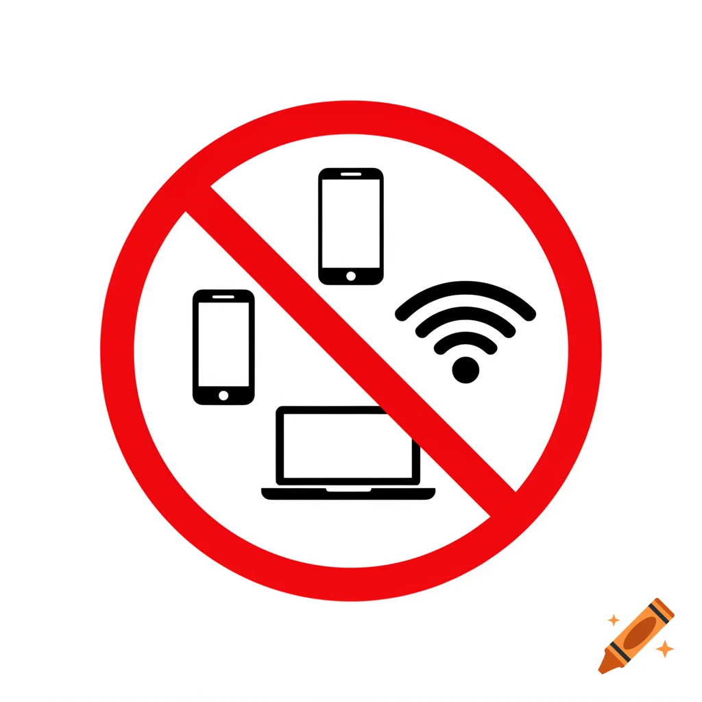 A red prohibition sign with a diagonal line over black icons of two smartphones, a laptop, and a Wi-Fi symbol on a white background.