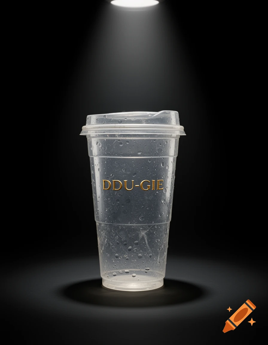 A used, clear plastic takeout coffee cup with gold 'DDU-GIE' text and condensation, spotlighted on a black background.