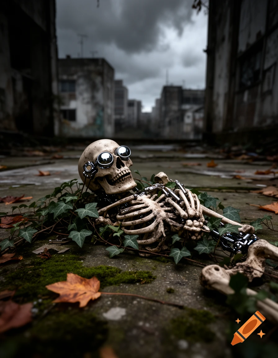 A skeleton with reflective goggles lies among ivy and autumn leaves on a ruined city street under a dark, stormy sky.