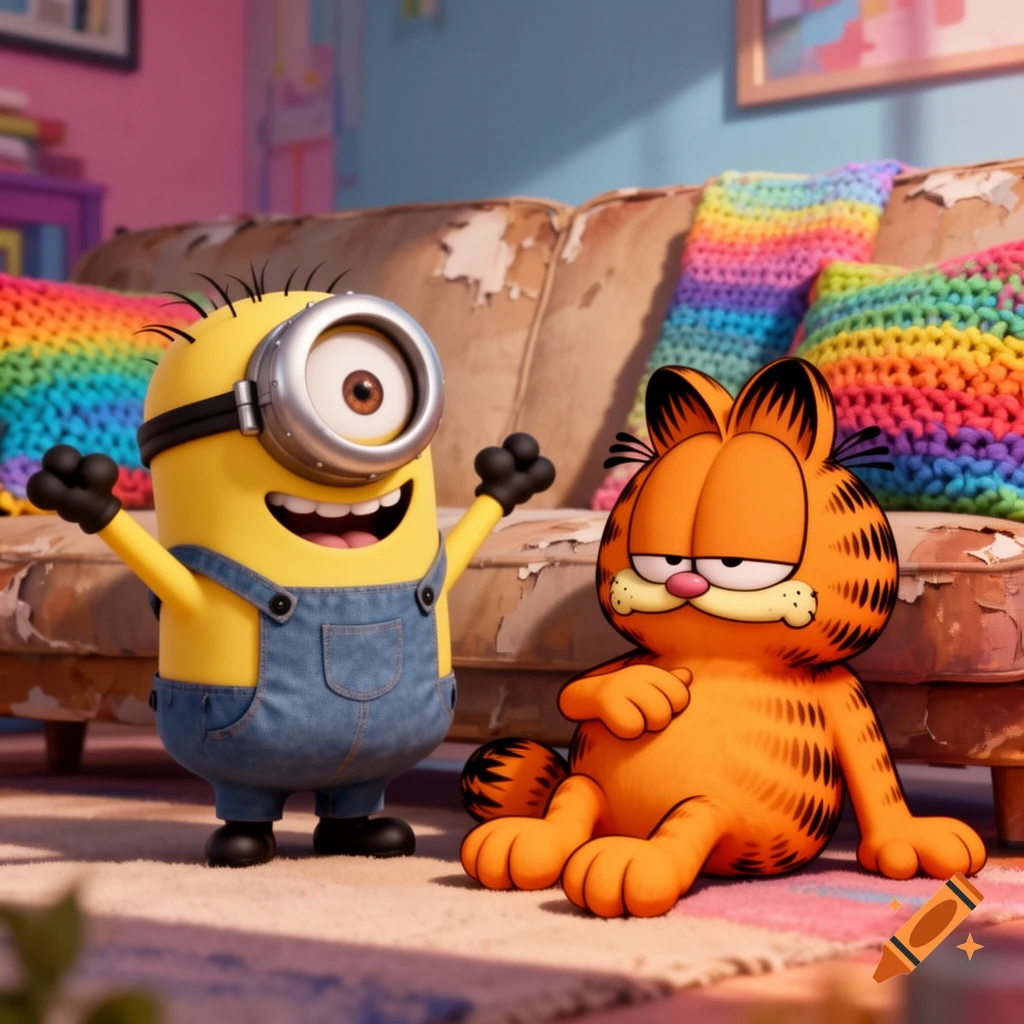 A happy Minion standing next to a grumpy Garfield cat, both sitting on a rug in a colorful room with a distressed couch and rainbow pillows.