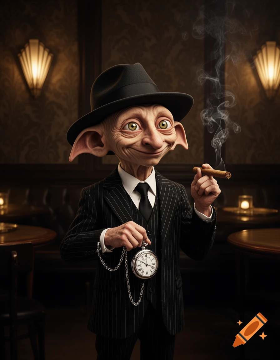 Dobby in a pinstripe gangster suit and fedora, smiling while holding a lit cigar and a pocket watch in a dim bar.