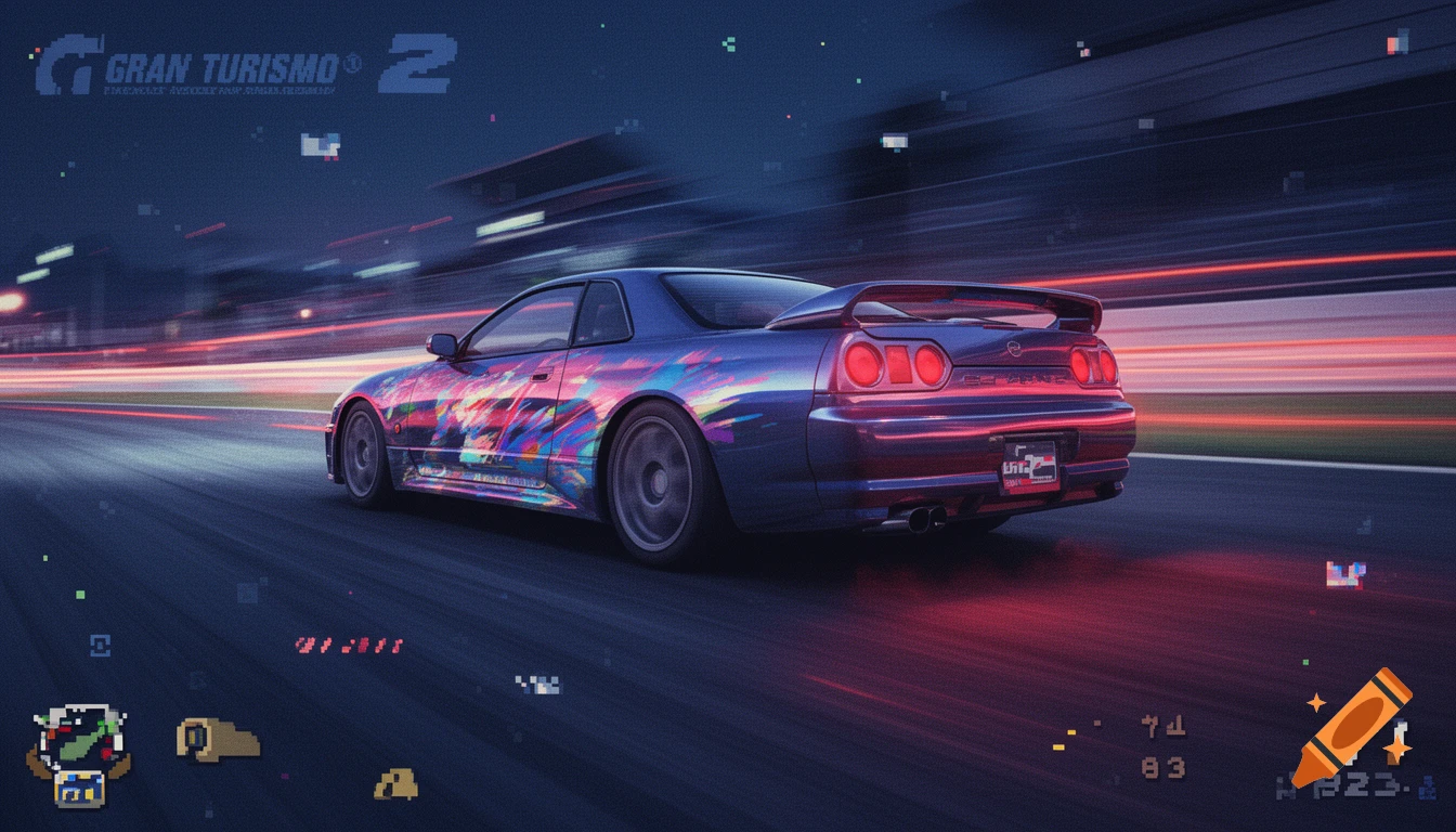 A stylized, retro-futuristic image of a blue Nissan Skyline GT-R R34 driving at night on a racetrack, with motion blur and pixelated UI elements, evoking a Gran Turismo 2 game aesthetic.