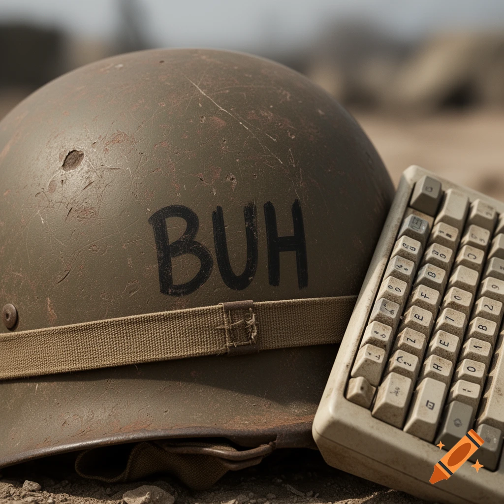 Close-up of a weathered green army helmet with "BUH" written on it, next to a dusty, old computer keyboard, on arid ground.