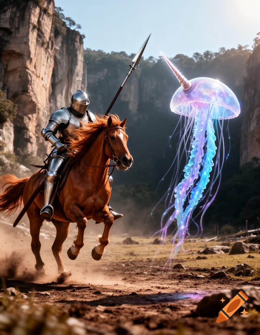 A knight on a brown horse, holding a spear, charges towards a glowing, ethereal unicorn jellyfish in a rocky canyon.