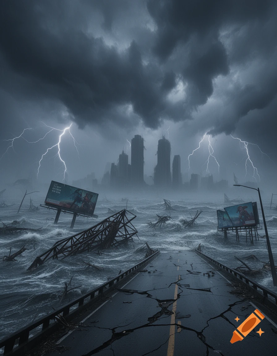 A cracked, flooded highway leads to a ruined city under a dark, stormy sky with lightning. Submerged billboards and debris fill the choppy water.