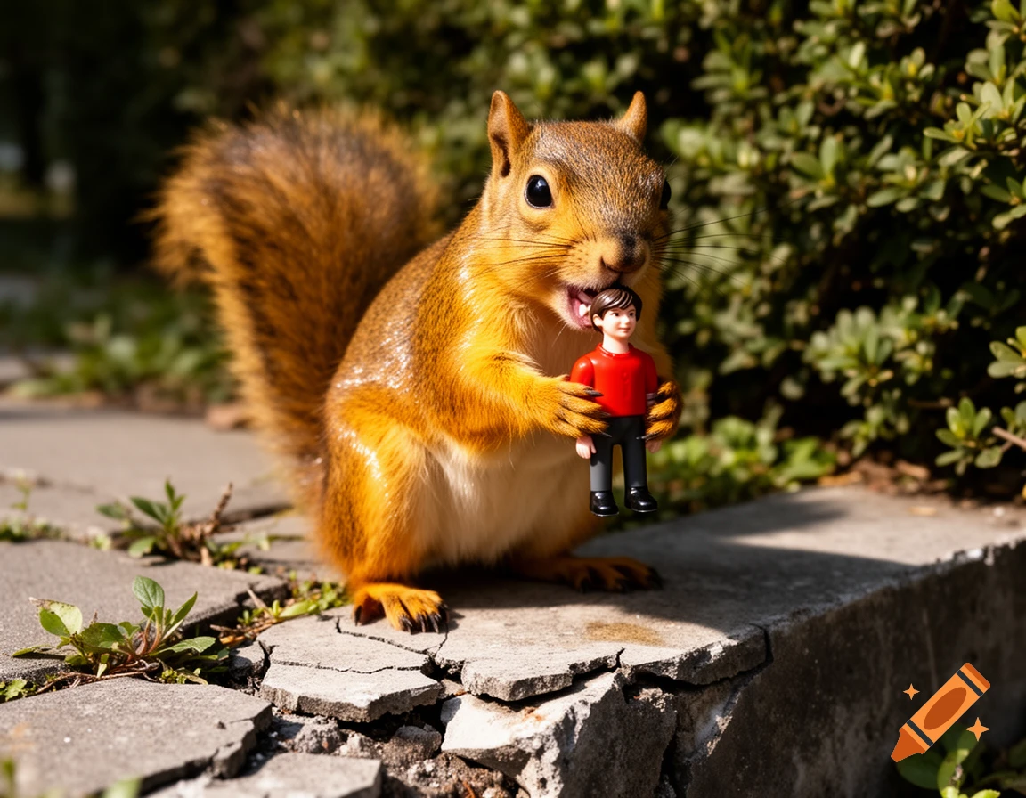 A photorealistic squirrel holds a small plastic human toy in its mouth, sitting on concrete near green bushes.